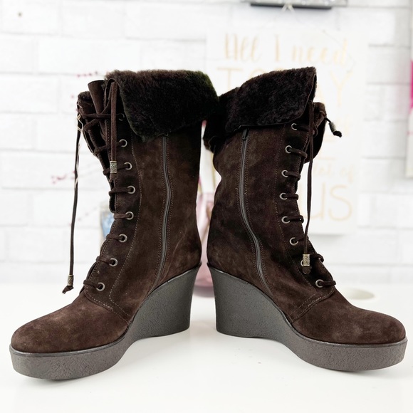 Via Spiga Brown Suede Lace Up Wedge Boots Size 7 1/2 - Picture 6 of 10